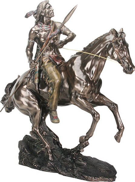 Indian Warrior on Horse Sculpture with Spear Ornate Decoration